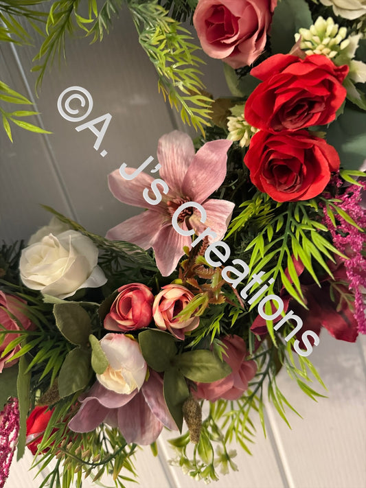 50cm Magnolia Wreath in Burgundy & Dusky Pink