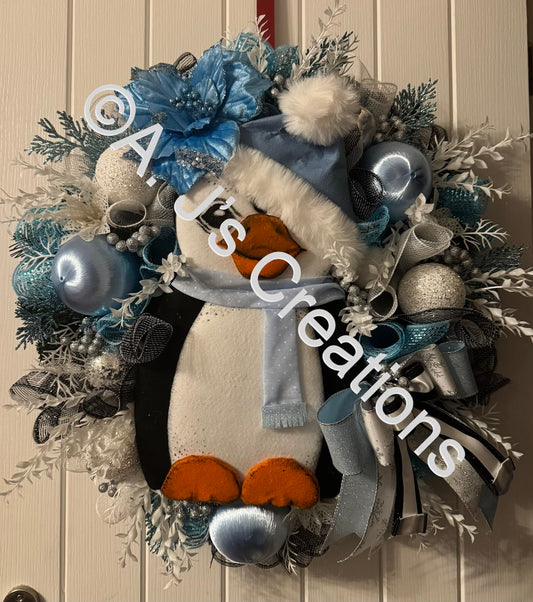 Blue Hat Penguin Wreath