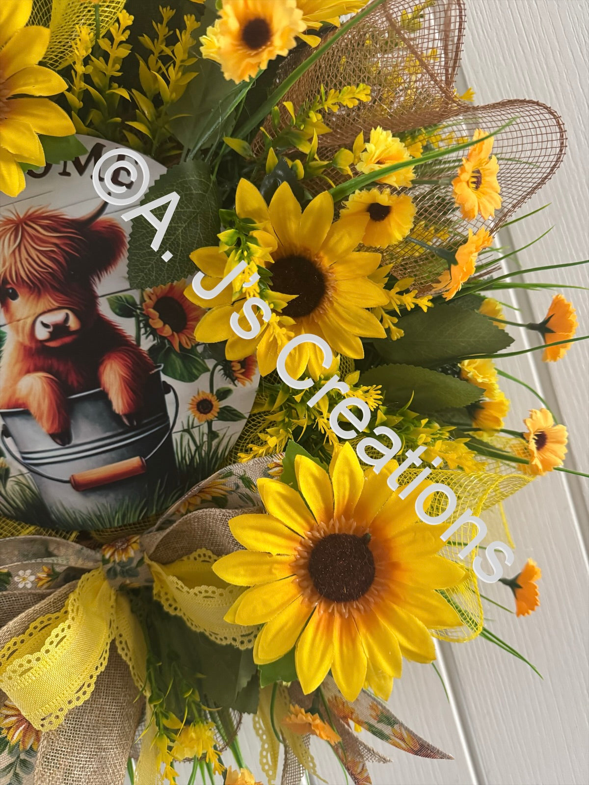 Sunflower Highland Cow Wreath