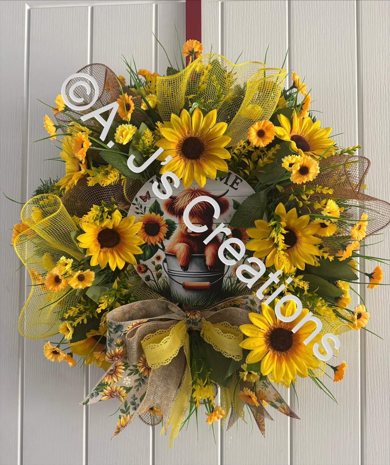 Sunflower Highland Cow Wreath