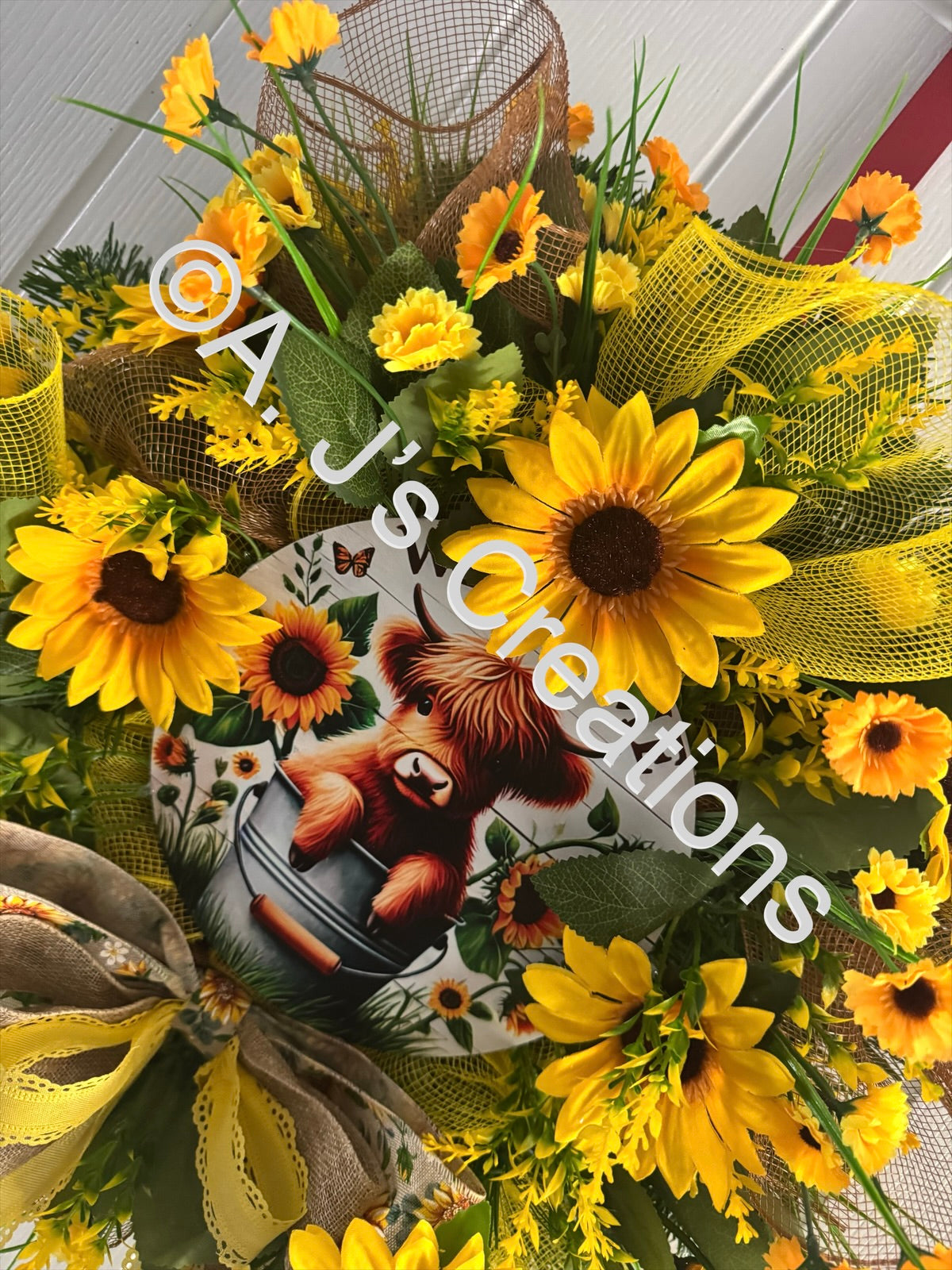 Sunflower Highland Cow Wreath