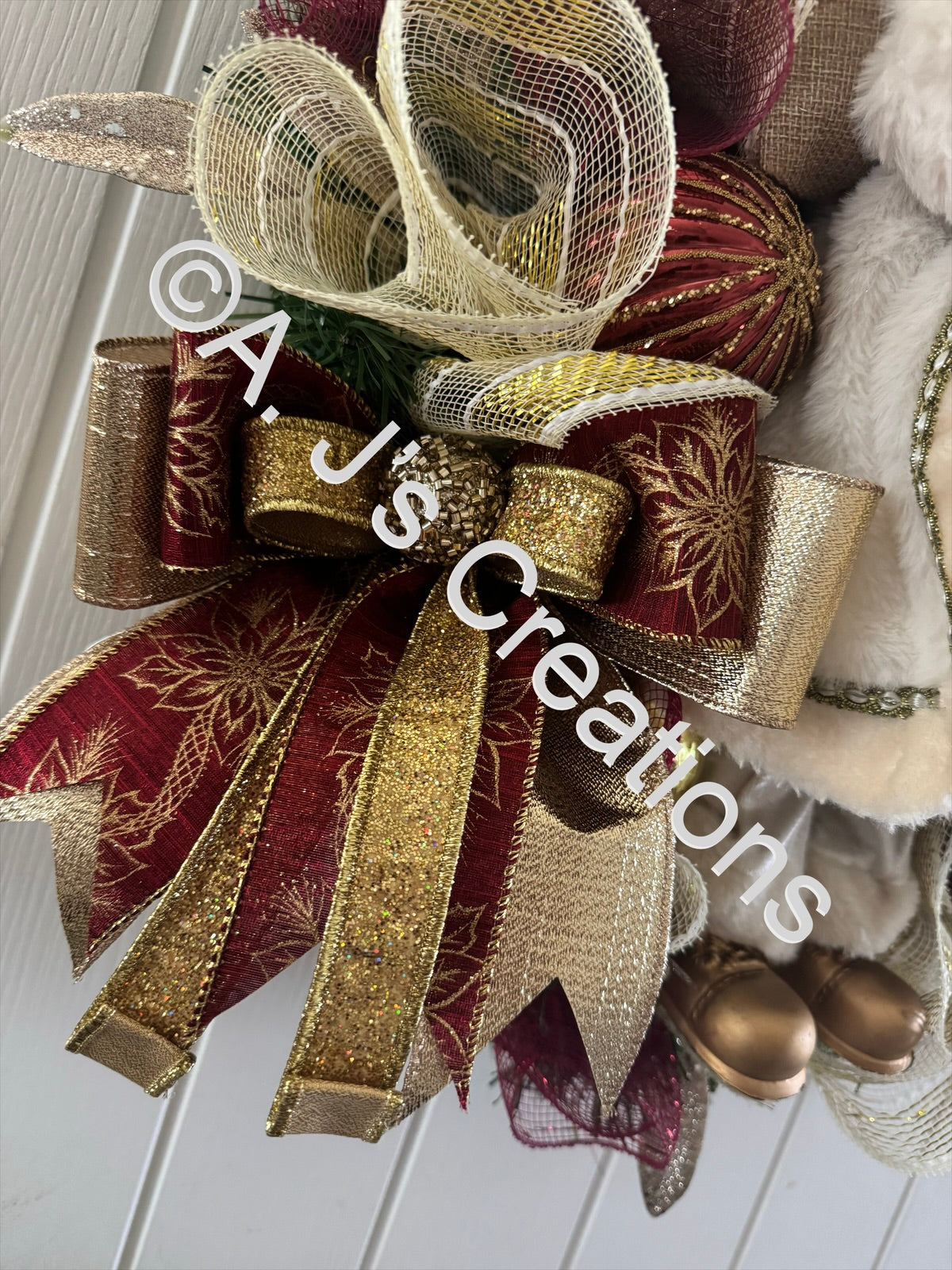 Santa Wreath in Burgundy and Gold