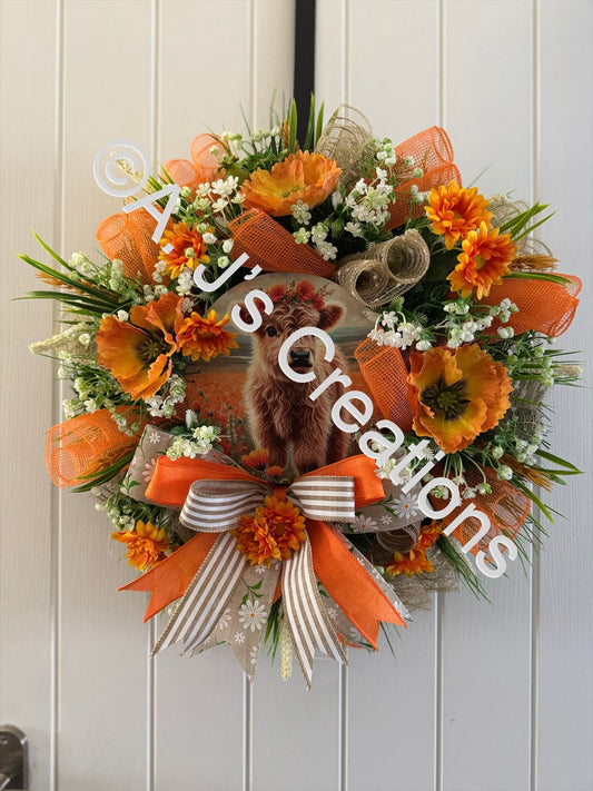 Orange Highland Highland Cow Wreath