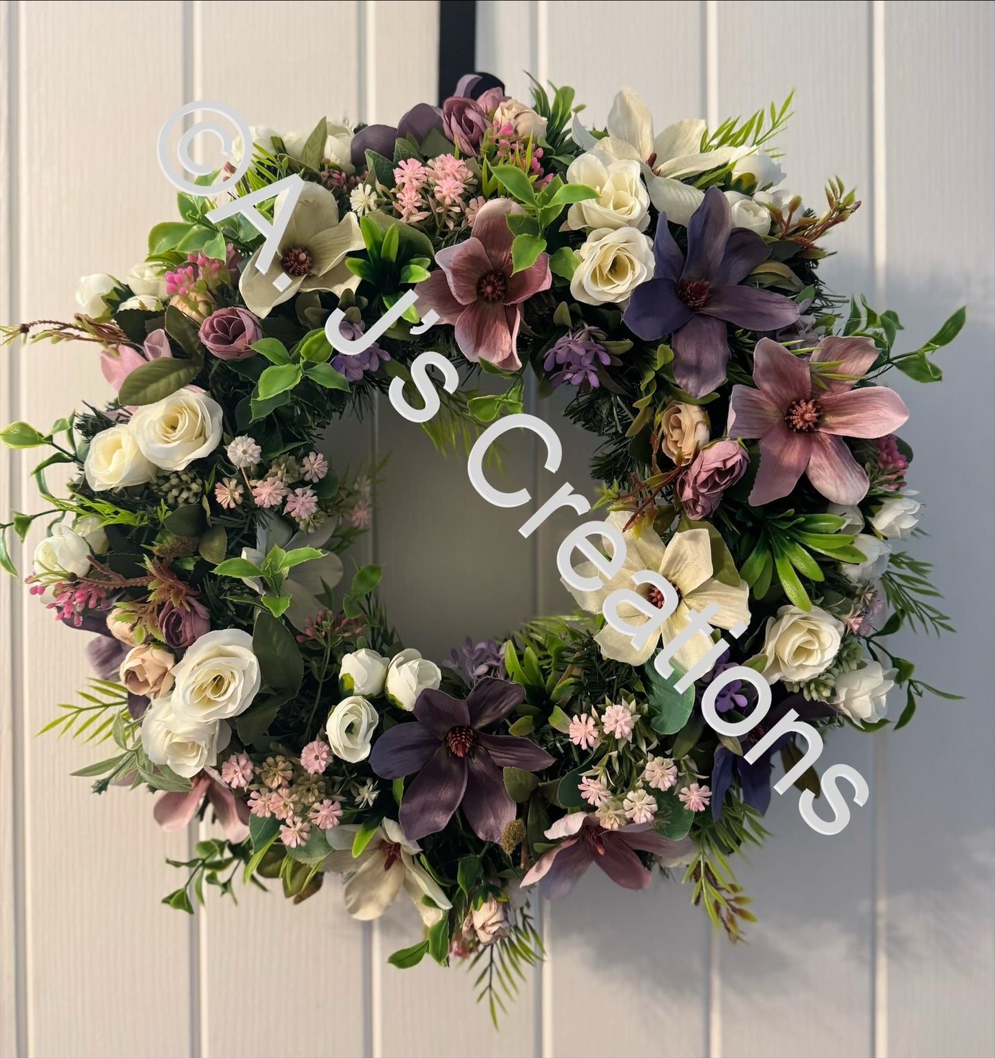 50cm Magnolia Wreath in Ivory, Purple & Dusky Pink