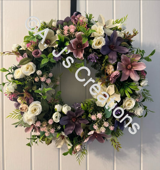 50cm Magnolia Wreath in Ivory, Purple & Dusky Pink