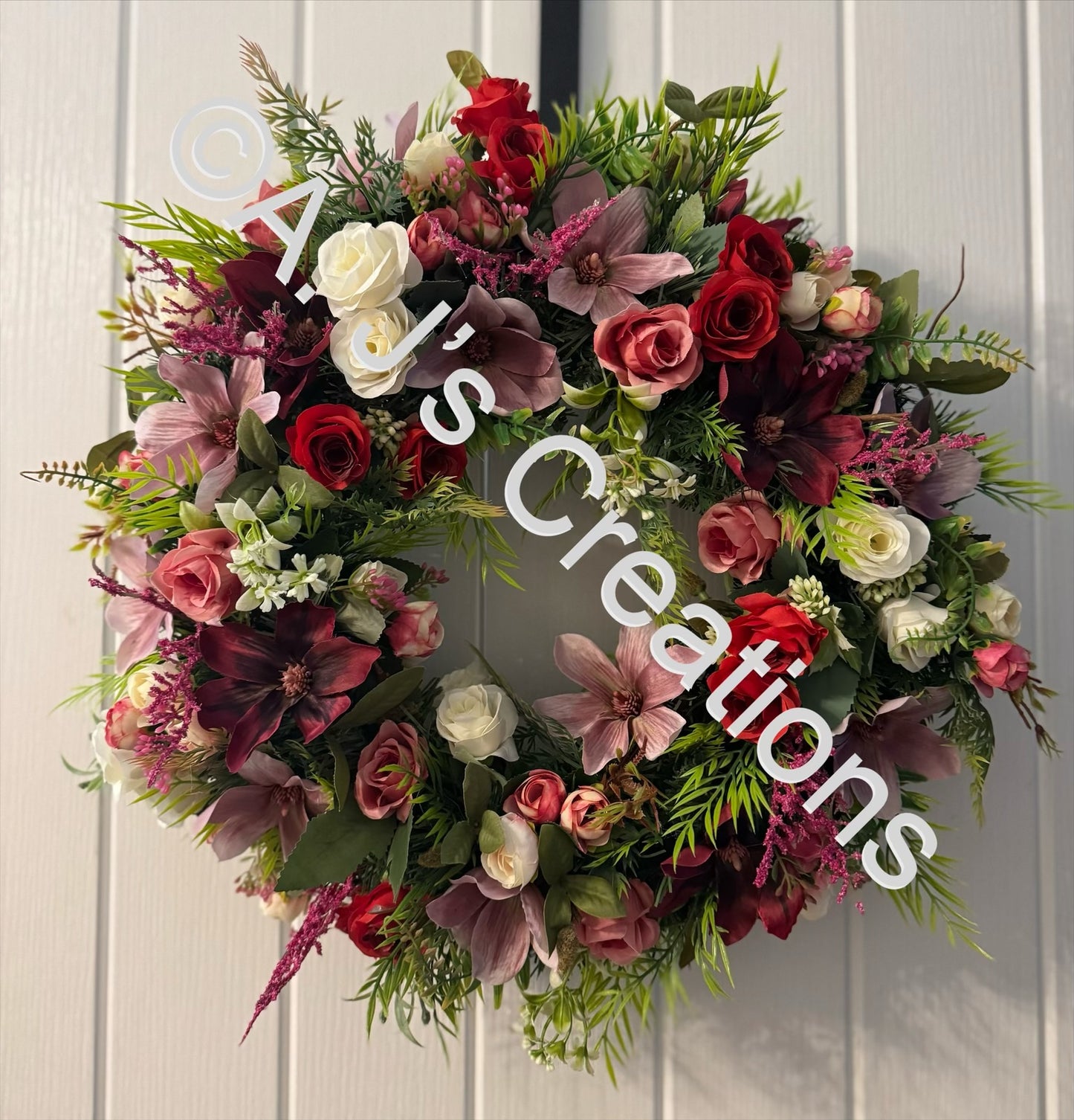 50cm Magnolia Wreath in Burgundy & Dusky Pink