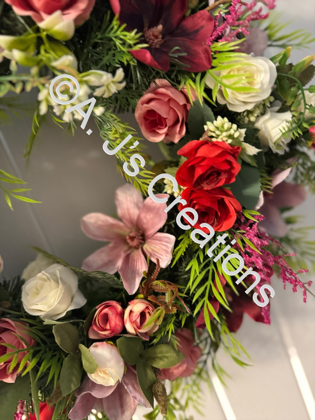 50cm Magnolia Wreath in Burgundy & Dusky Pink