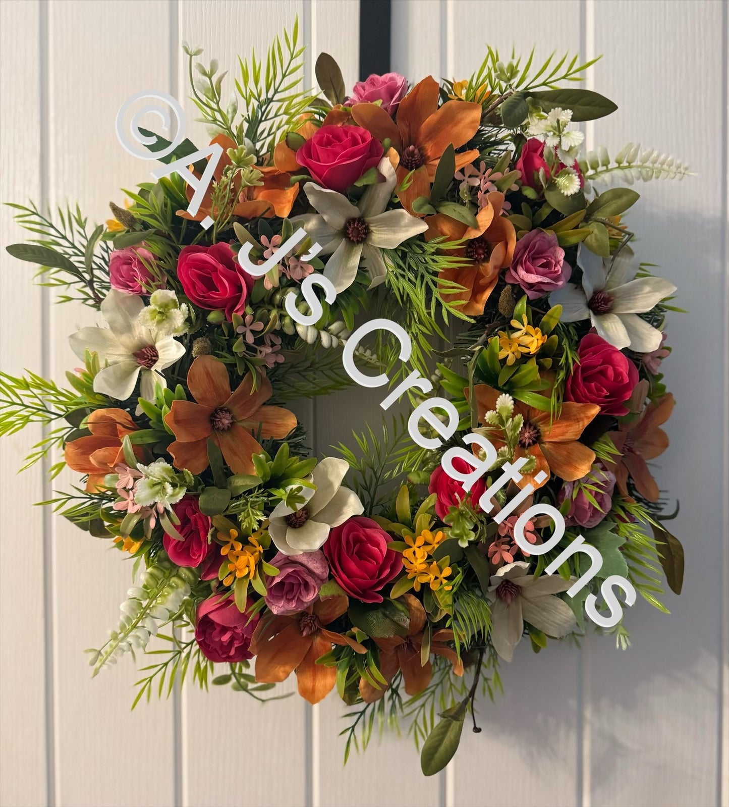 50cm Magnolia Wreath in Orange, Ivory & Pink