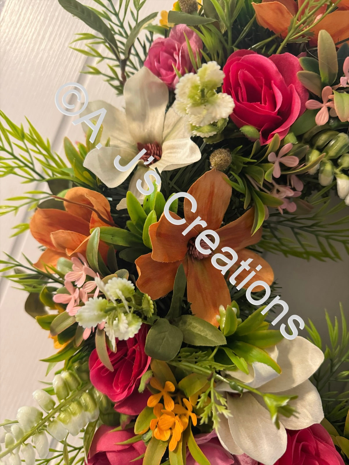 50cm Magnolia Wreath in Orange, Ivory & Pink