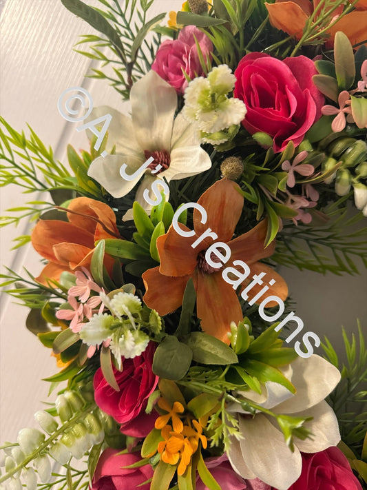 50cm Magnolia Wreath in Orange, Ivory & Pink