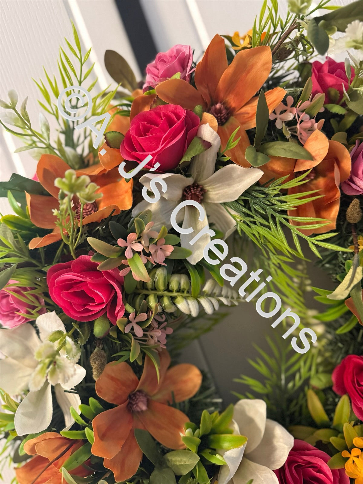 50cm Magnolia Wreath in Orange, Ivory & Pink