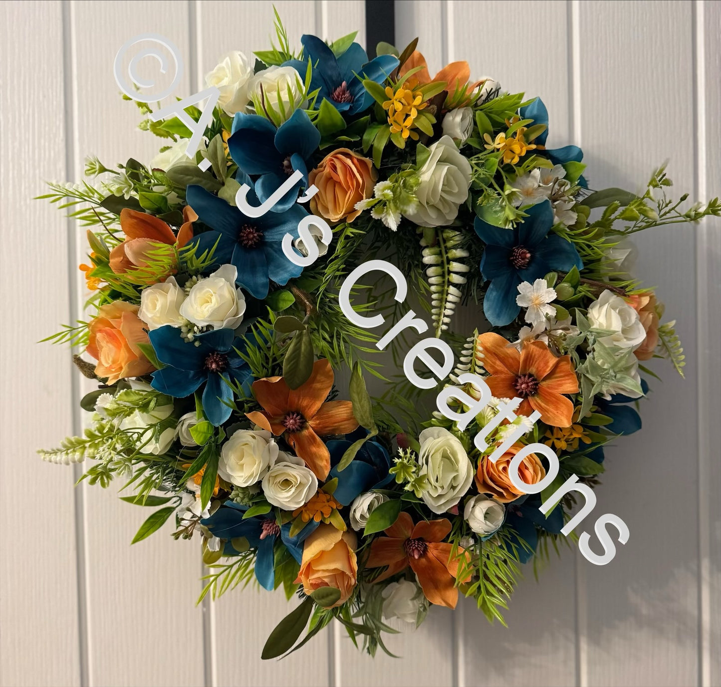 50cm Magnolia Wreath in Teal, Orange & Ivory