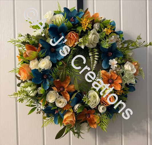 50cm Magnolia Wreath in Teal, Orange & Ivory