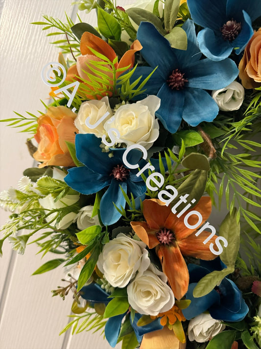 50cm Magnolia Wreath in Teal, Orange & Ivory