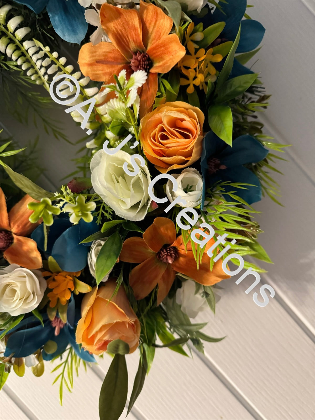 50cm Magnolia Wreath in Teal, Orange & Ivory