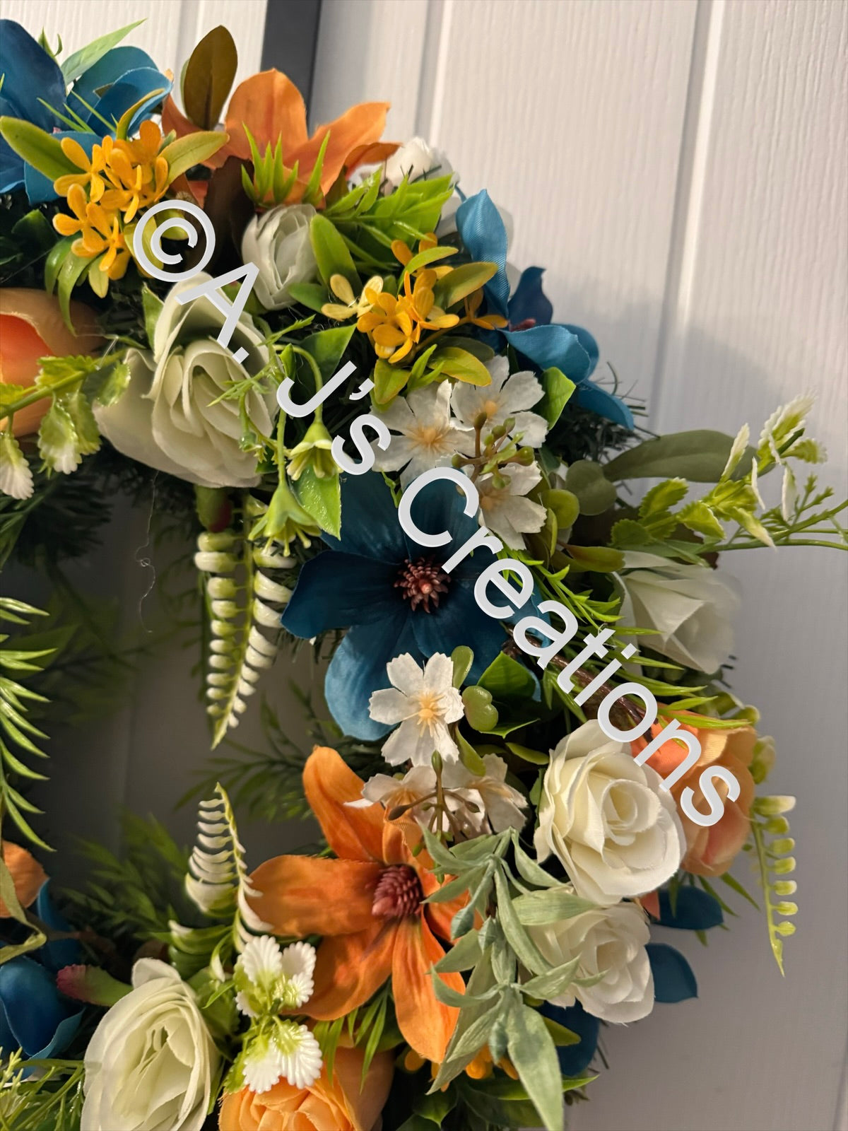 50cm Magnolia Wreath in Teal, Orange & Ivory