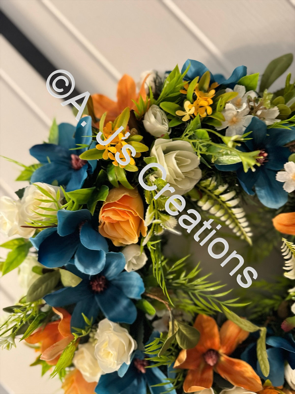 50cm Magnolia Wreath in Teal, Orange & Ivory