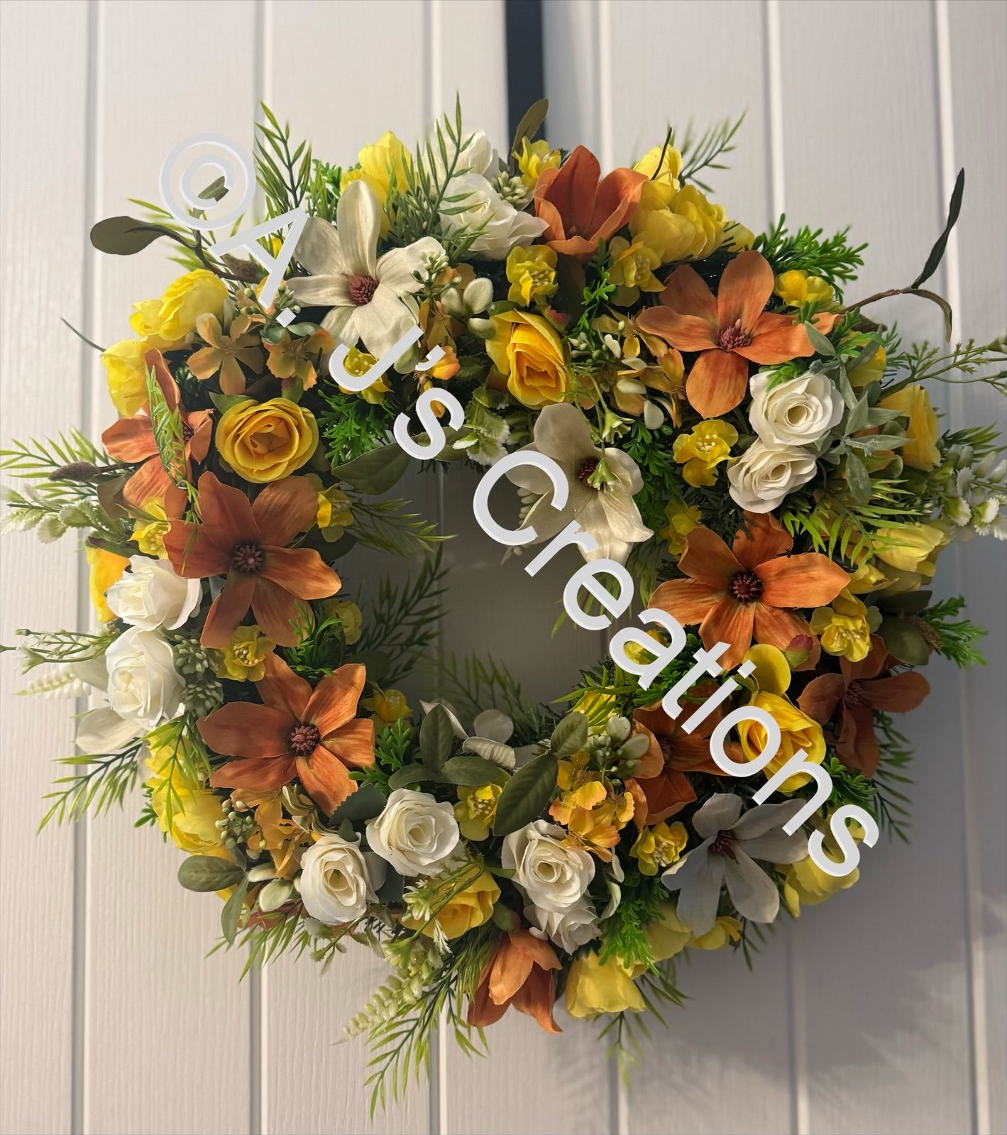 50cm Magnolia Wreath in Orange, Ivory & Lemon