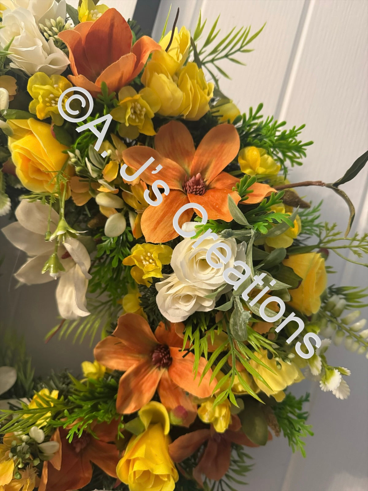 50cm Magnolia Wreath in Orange, Ivory & Lemon