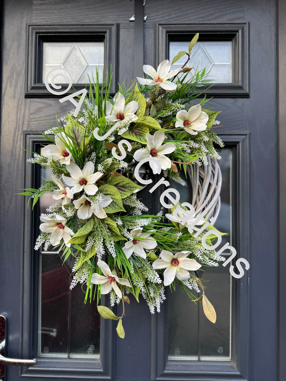 Wicker Rattan Wreath with Ivory Magnolias