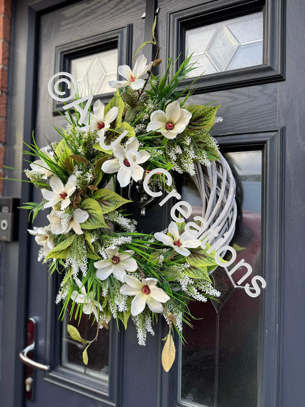 Wicker Rattan Wreath with Ivory Magnolias