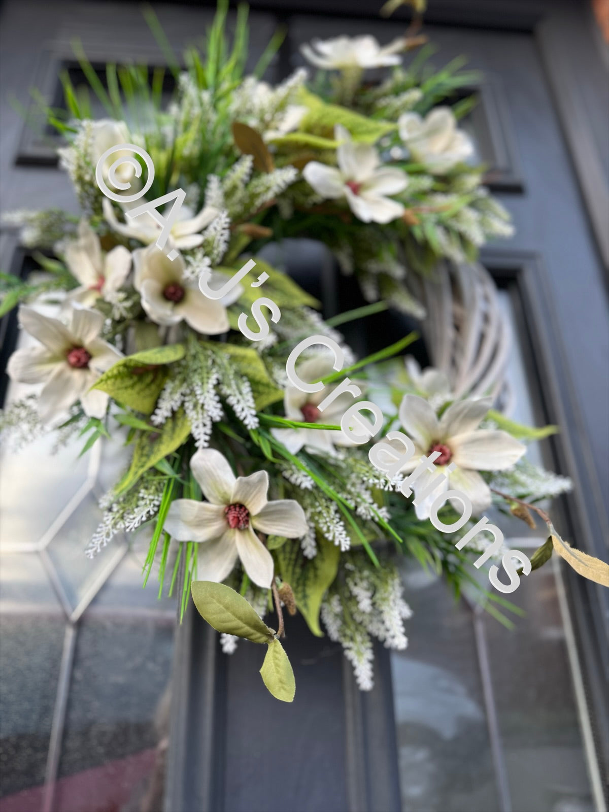 Wicker Rattan Wreath with Ivory Magnolias