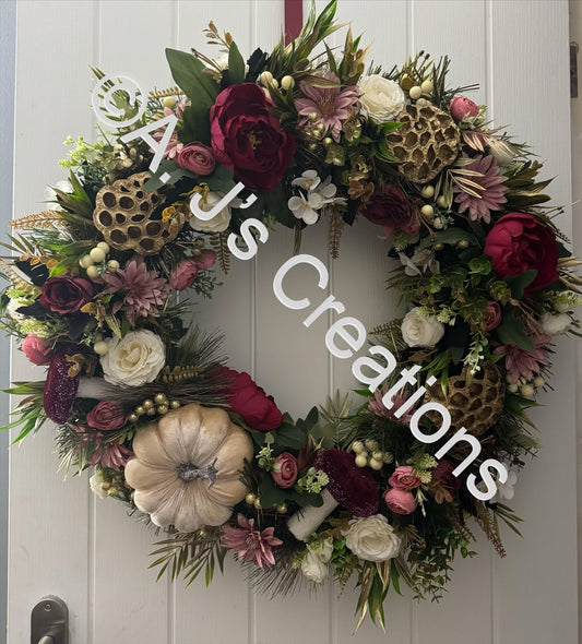 Ivory, Burgundy & Dusky Pink 65cm Wreath