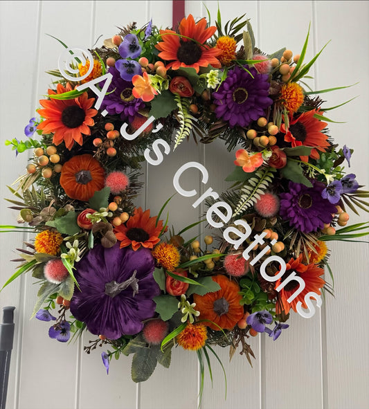Purple & Orange Velvet Pumpkin Wreath