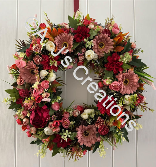 55cm Floral Wreath in Reds & Pinks