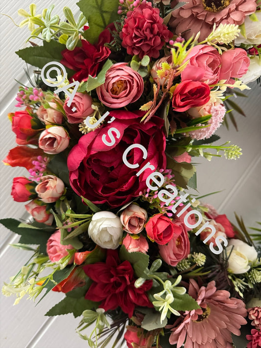 55cm Floral Wreath in Reds & Pinks