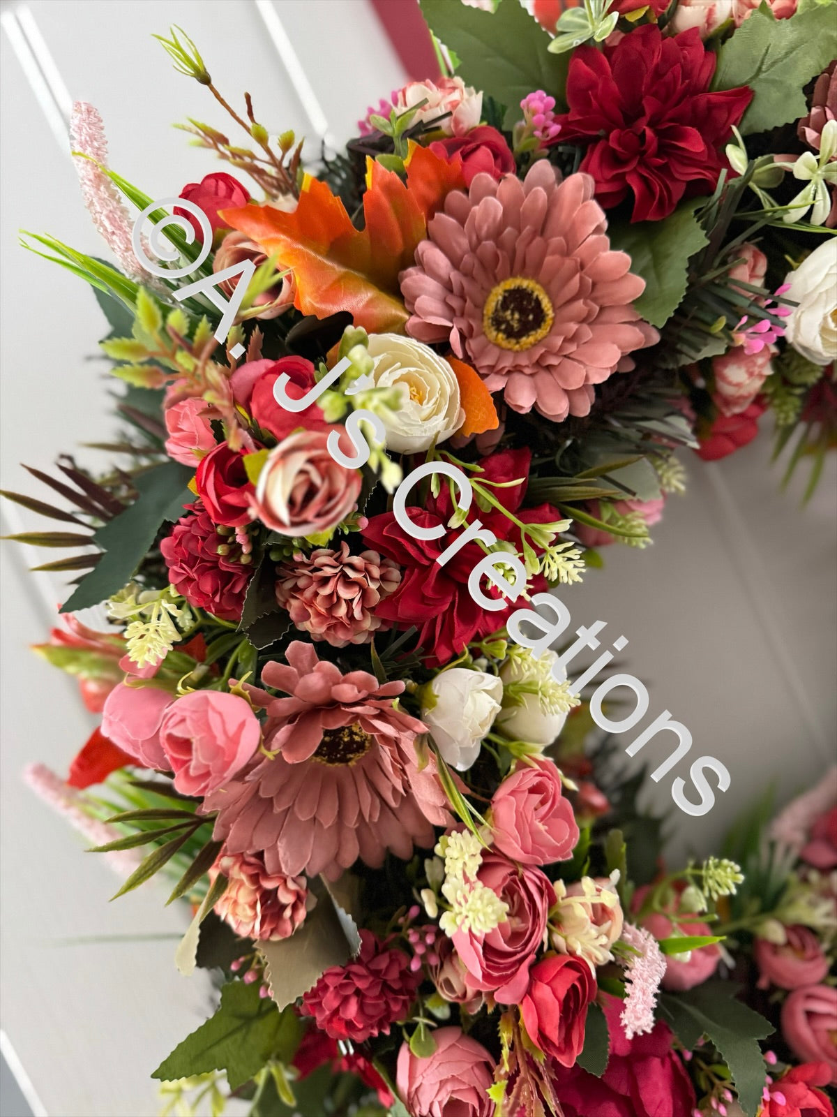 55cm Floral Wreath in Reds & Pinks