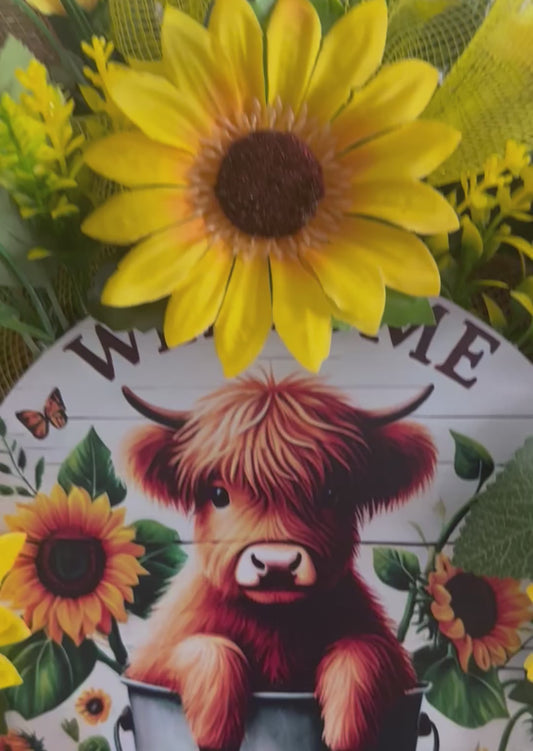 Sunflower Highland Cow Wreath